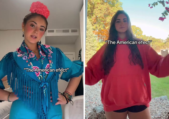 Split image showing a woman in traditional attire and the same woman in casual clothes, illustrating the America effect on women.
