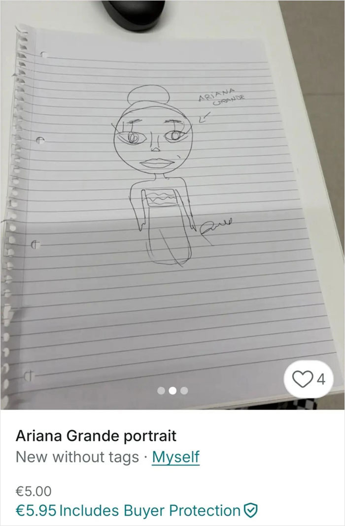 Hand-drawn Ariana Grande portrait on lined paper listed on Vinted showcasing hilarious listings with zero rules on the platform