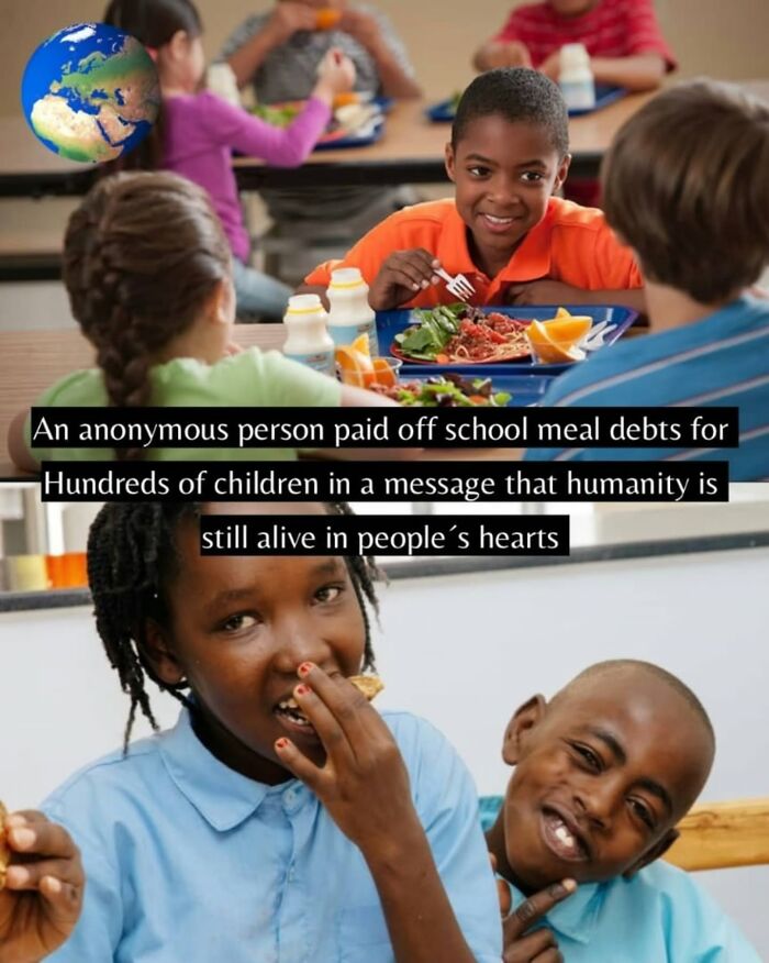 Children smiling and eating healthy school meals paid for anonymously, sharing good news from around the world.