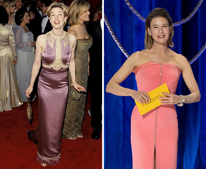 Actress showing dramatic transformation between first Oscars appearance and latest red carpet look.