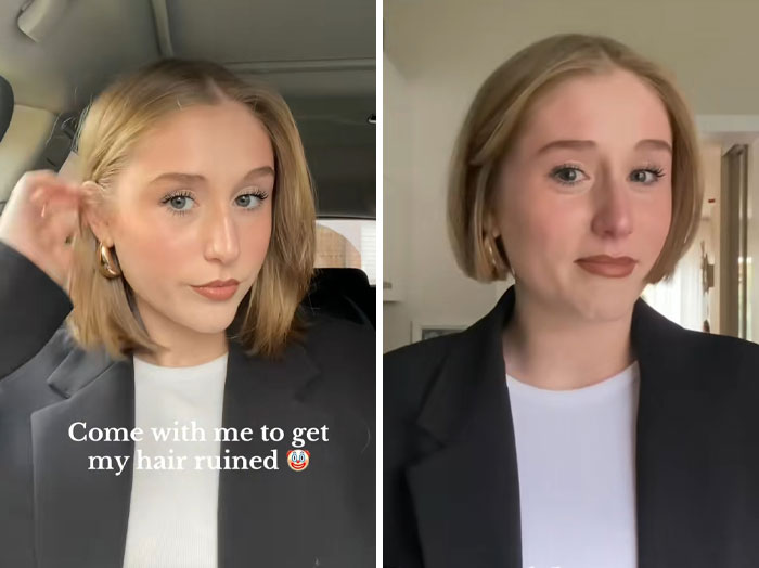 Young woman with short blonde hair showing before and after photos of a hairdresser traumatizing her locks.