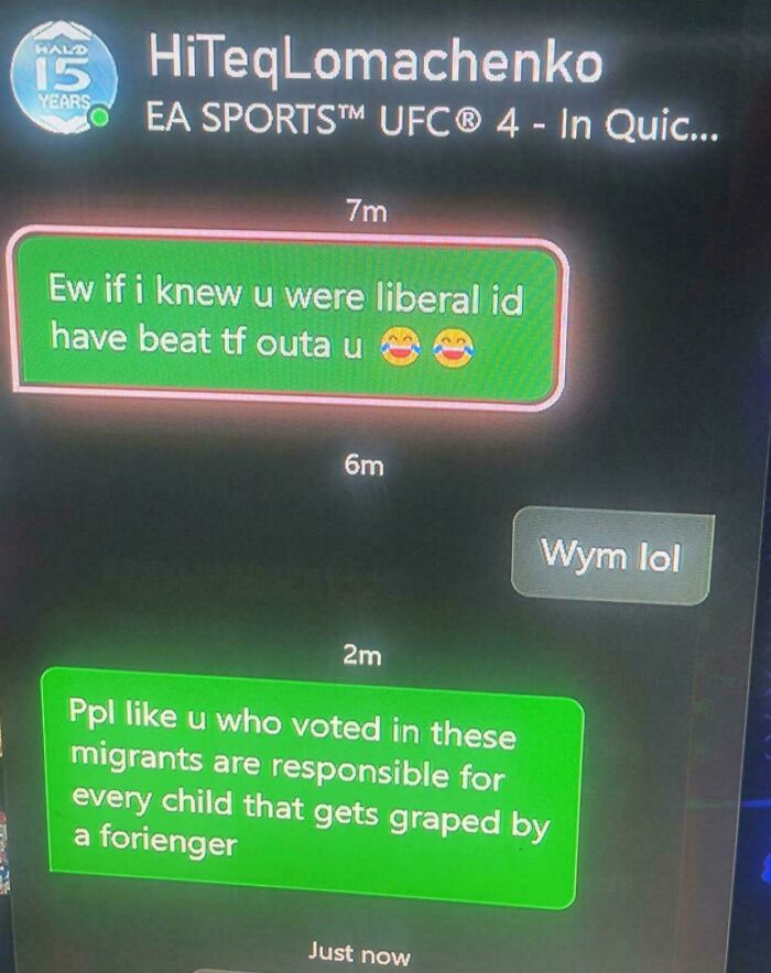 Cringey texts from men with offensive language about politics and migrants in a gaming chat conversation screenshot.
