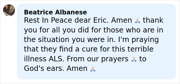 Comment expressing condolences for Eric Dane and mentioning ALS as the cause related to Eric Dane&rsquo;s cause of passing.