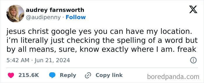 Tweet about Google location tracking and checking spelling, a funny and relatable meme from a collection of random memes.