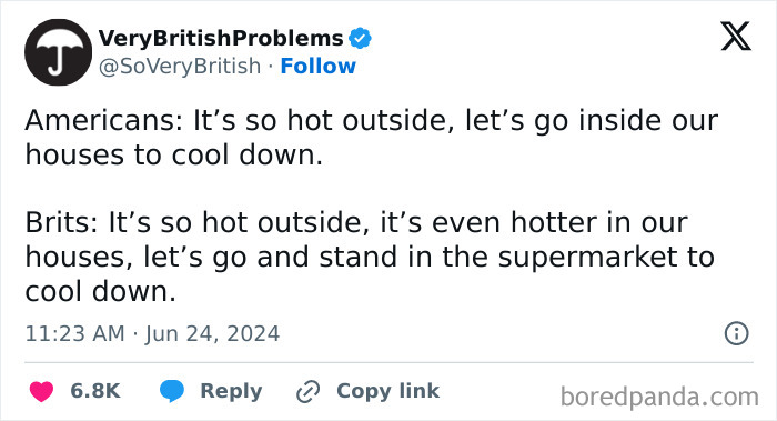 Tweet from VeryBritishProblems humorously contrasting American and British ways to cool down in hot weather, showing unique UK living experience.