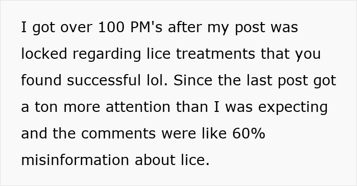 Text excerpt about receiving many private messages after a post on lice treatments and misinformation about lice.