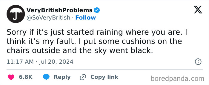 Tweet from VeryBritishProblems humorously blaming cushions on chairs for sudden rain, highlighting living in the UK experience.