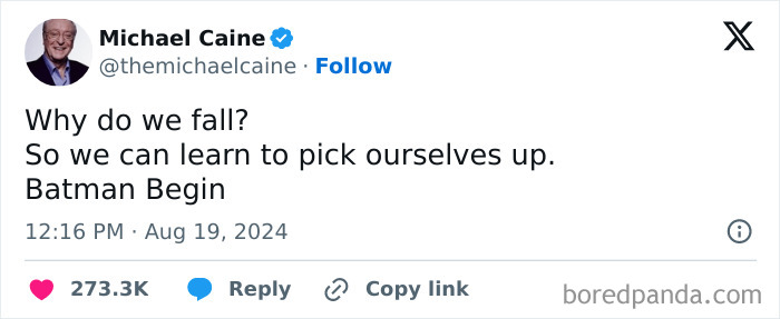 Tweet from a verified Michael Caine quoting Batman Begin with 273.3K likes, related to movie and film industry memes.