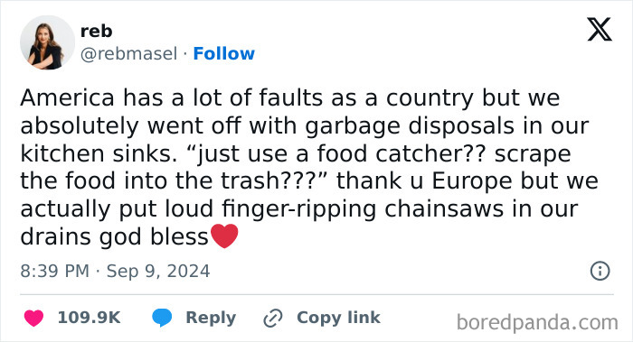 Tweet humorously praising American garbage disposals with relatable and funny memes about kitchen habits and culture.
