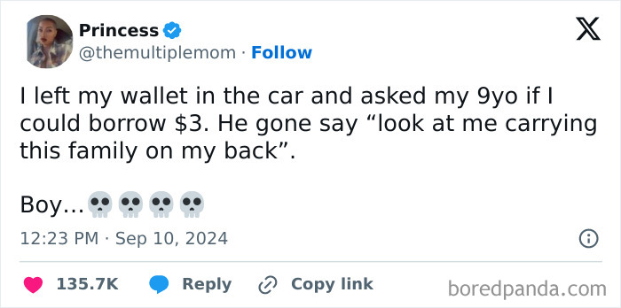 Tweet showing a humorous parent-kid conversation illustrating family humor and witty kid responses.
