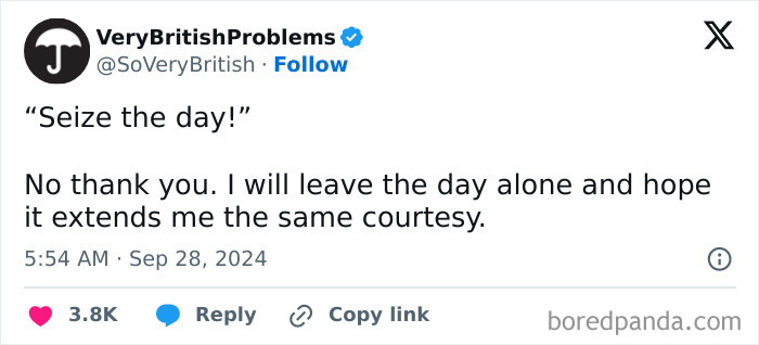 Tweet from VeryBritishProblems humorously rejecting the phrase seize the day, highlighting unique UK living humor.