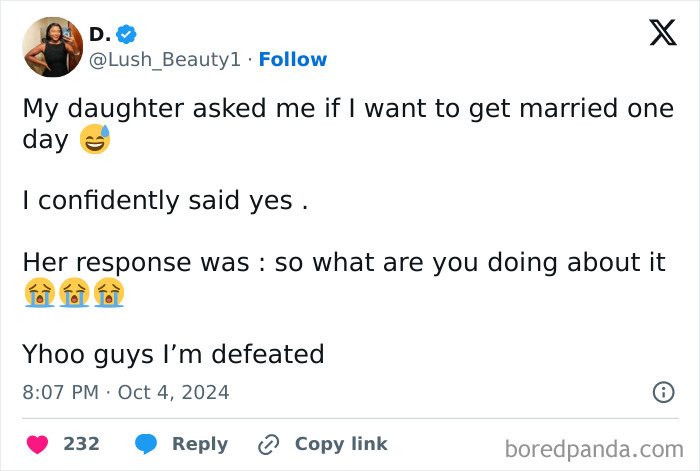 Tweet showing a funny parent-kid conversation about marriage, highlighting humor in parent-kid interactions.