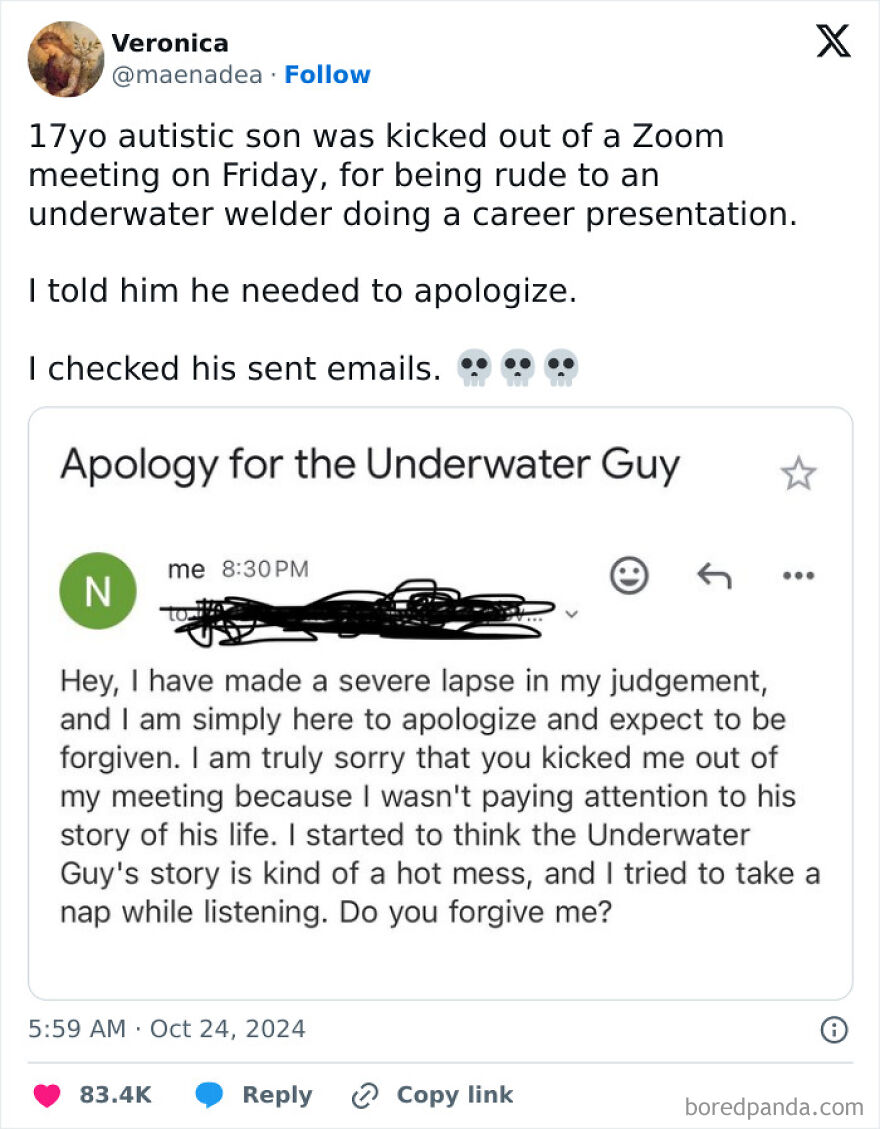Tweet showing a funny apology email with humorous content, featured in random and funny emails about ChatGPT use.
