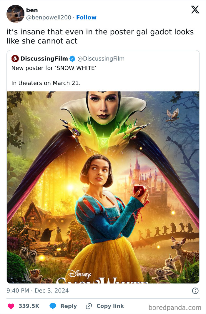Movie poster for Snow White featuring main characters, shared in a movie and film industry memes tweet.