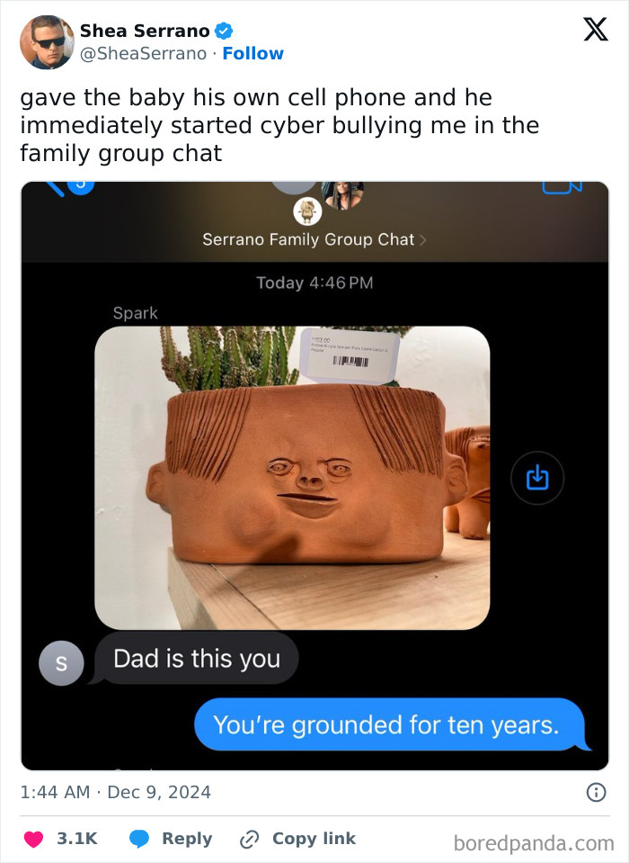 Screenshot of a funny parent-kid family group chat showing a humorous cyberbullying text and quirky planter face.