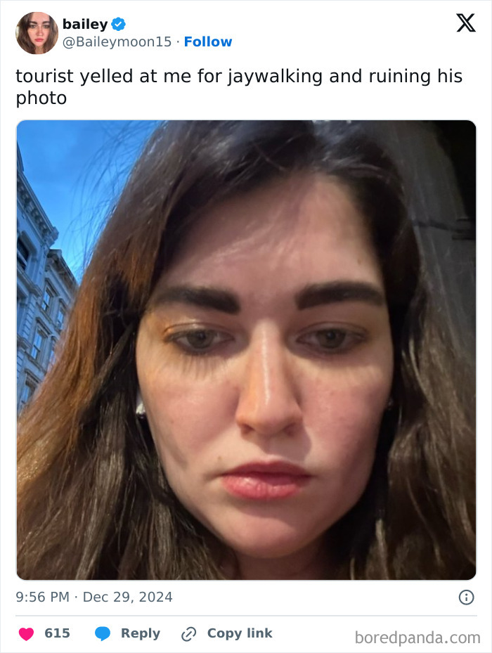 Close-up of a woman’s face outdoors, illustrating rude and entitled tourist behavior shared online.