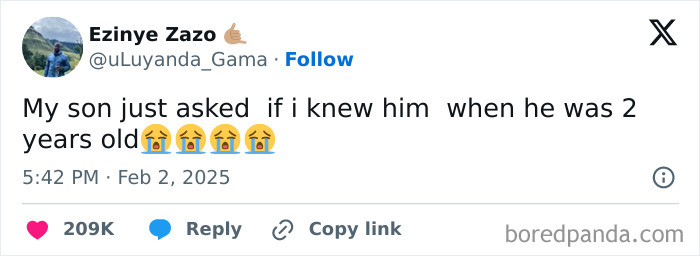 A tweet showing a funny parent-kid conversation about remembering someone from when the child was 2 years old.