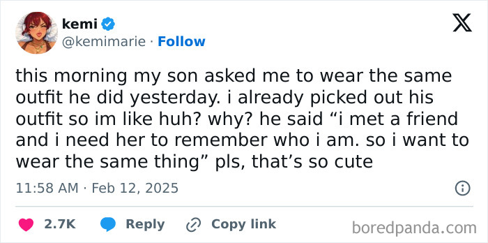 Parent and kid share a funny conversation showing humor in their DNA with a child wanting mom to wear the same outfit again.