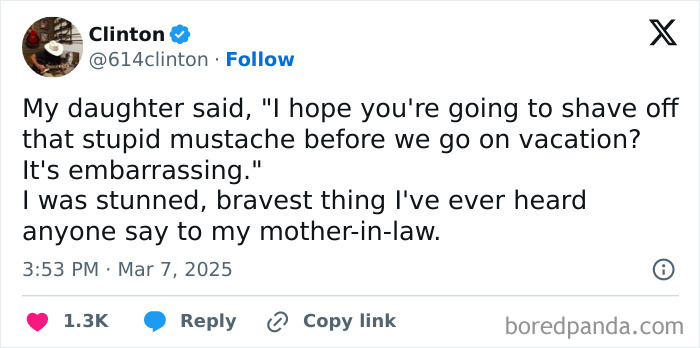 Tweet showing a dad sharing how his daughter accidentally roasted a grown-up with no filter about a mustache.