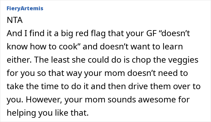 Comment discussing a mom cutting vegetables to help a one-armed guy who can't use a knife, addressing lazy brother-in-law.