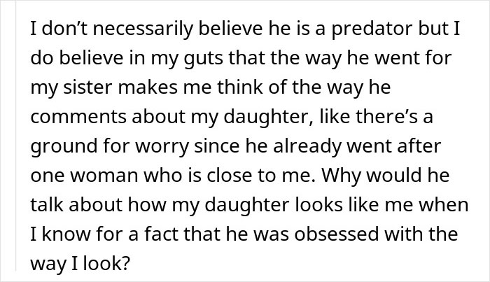Alt text: Woman expresses horrible feeling about brother-in-law refusing to let her daughter near him due to gut instinct and worry. Alt text: Woman expresses horrible feeling about brother-in-law refusing to let her daughter near him due to gut instinct and worry.