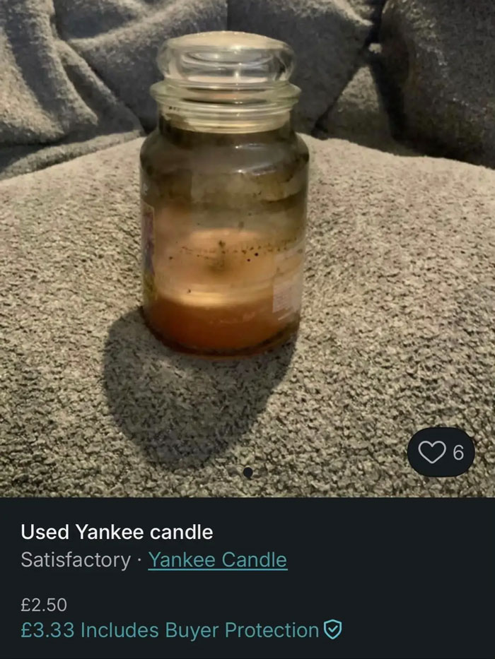 Used Yankee candle with melted wax inside glass jar listed on Vinted showing unusual secondhand item sale.