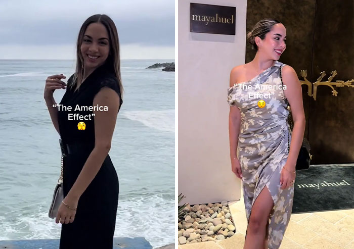 Before and after photos of a woman showing the America effect with changes in style and confidence in the US.