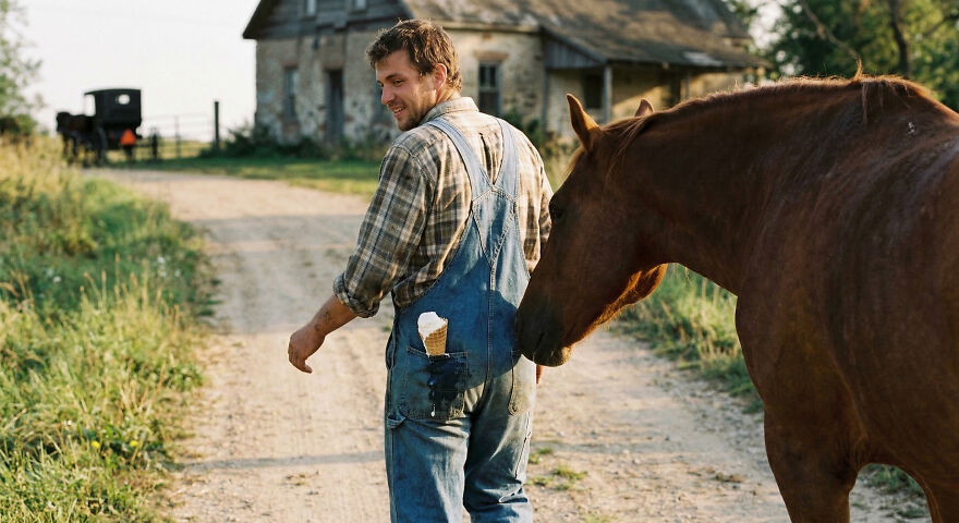 Man in overalls with ice cream cone in pocket, standing on rural path next to a horse, illustrating weird animal laws.