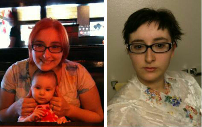 Before and after photos of a woman traumatized by a hairdresser with drastically different hair colors and styles.