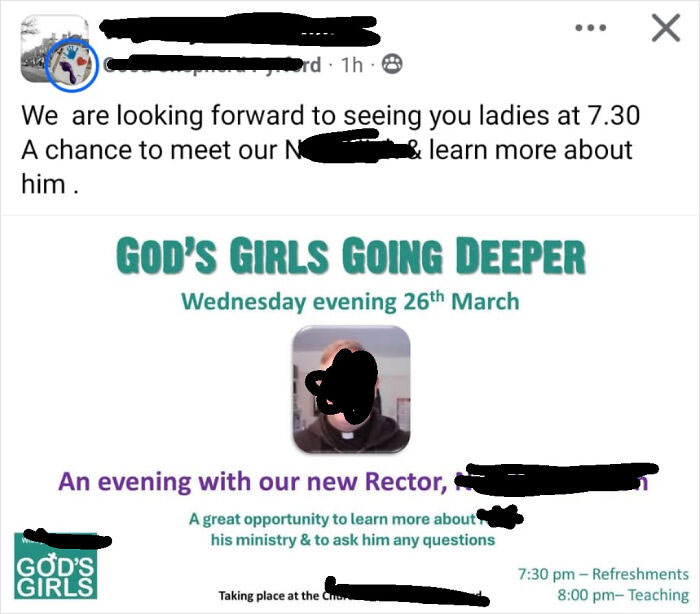 Screenshot of a cringey text inviting ladies to meet a new rector, showcasing awkward and frustrating messages from men.