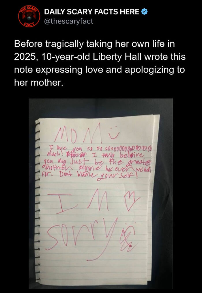 Handwritten note from a 10-year-old expressing love and apology before tragic event, illustrating scary facts and dark emotions.
