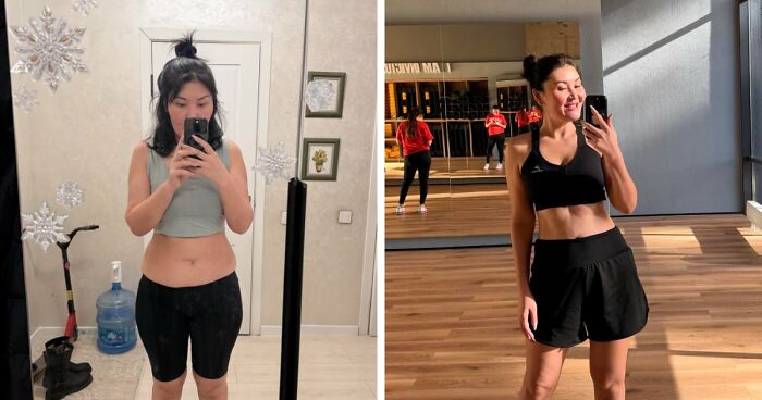 Side-by-side photos of a woman showing an unbelievable transformation after totally changing her life in 3 years.