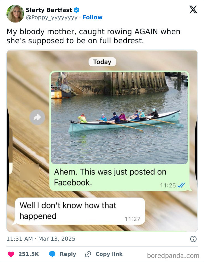 Parent-kid conversation shows humor in rowing incident while on full bedrest, highlighting funny family moments and DNA humor.