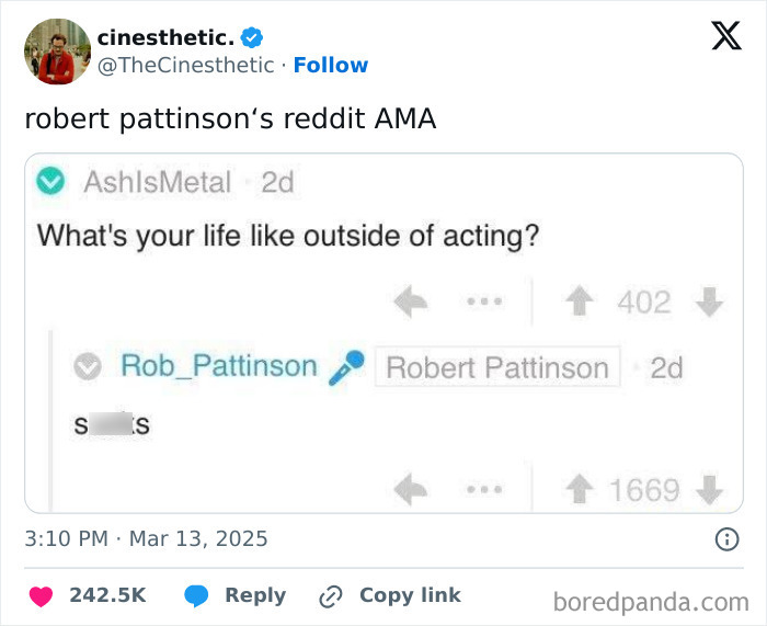 Tweet showing Robert Pattinson's brief Reddit AMA response, highlighting humor in popular movie and film industry memes.