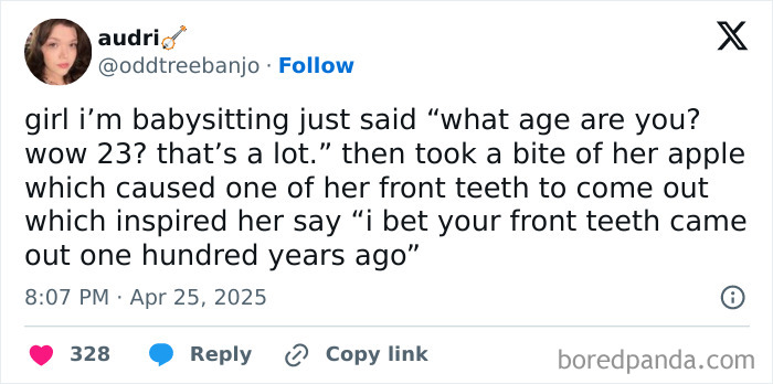 Tweet showing a funny accidental roast by a kid babysitting, highlighting grown-ups unintentionally roasted by kids with no filter.