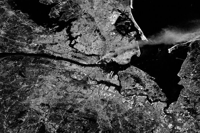 Aerial black and white view of cityscape and a plume of smoke illustrating intriguing rabbit holes explored by people.