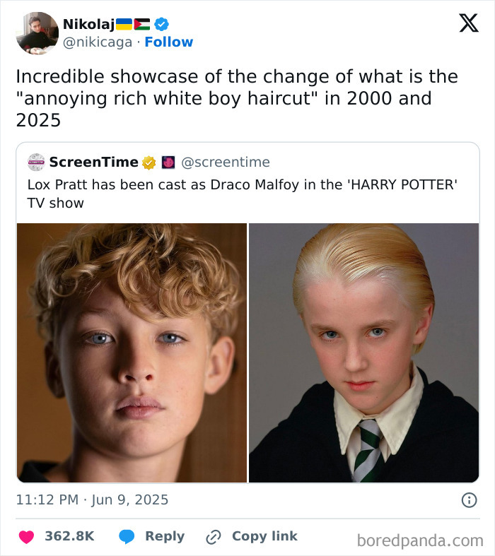 Side-by-side photos comparing the 2000 and 2025 versions of Draco Malfoy haircut in movie and film industry memes.
