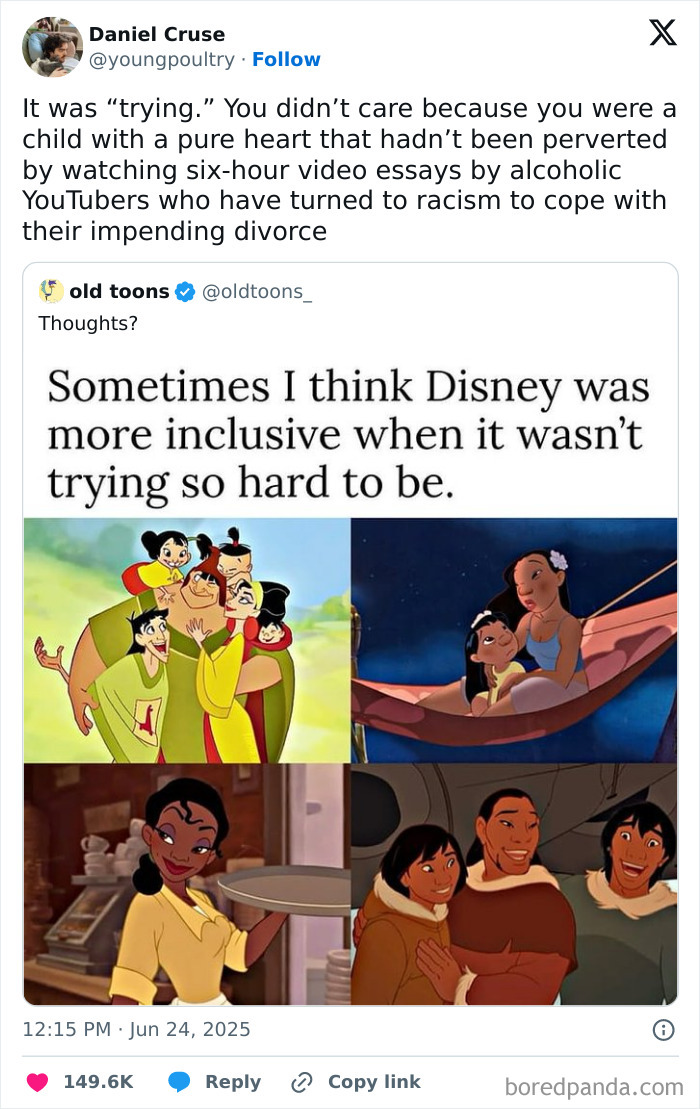 Tweet showing Disney characters with a meme about inclusivity, featured in movie and film industry memes for cinephiles.
