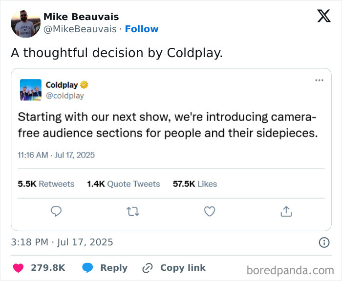 Tweet about Coldplay's thoughtful decision introducing camera-free audience sections, a favorite internet moment better than the news.