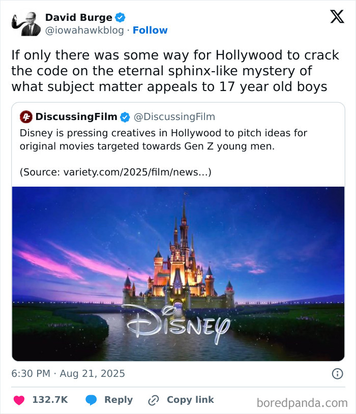 Tweet about Hollywood movie industry trends with Disney castle image, featured in movie and film industry memes.