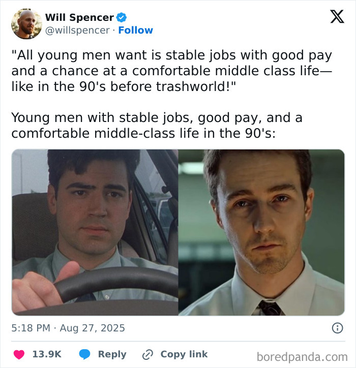 Tweet featuring movie stills comparing stable 90s jobs with good pay, illustrating film industry memes for cinephile humor.