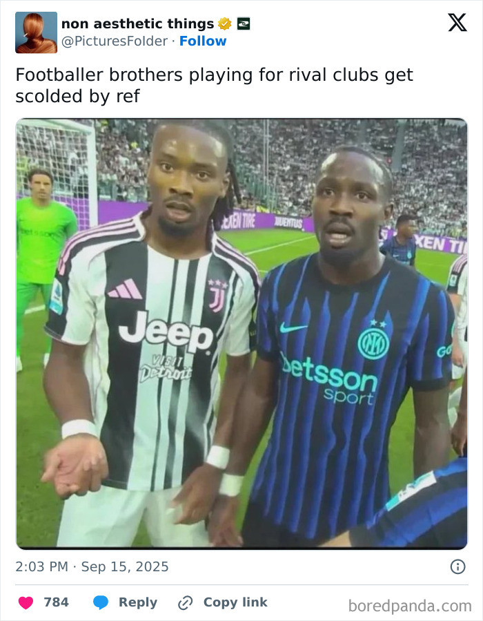 Two footballer brothers in rival club jerseys on the field, showing a classic example of sibling rivalry during a match.