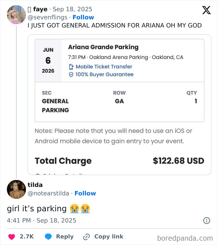 Screenshot of social media post showing mistaken purchase of Ariana Grande general admission parking ticket.