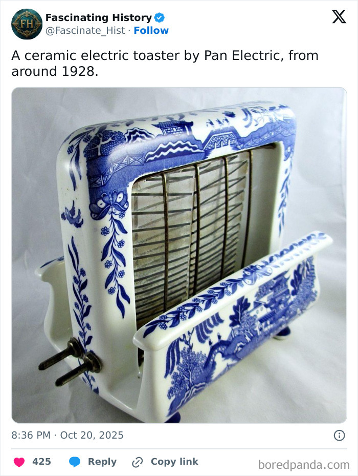 Ceramic electric toaster from 1928 with intricate blue designs showcasing historical treasures advanced technology.