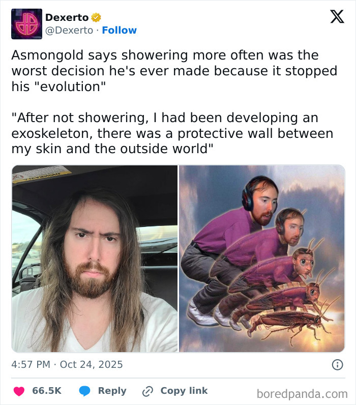 Tweet about unhinged sentences with a man’s selfie and a surreal illustration of his evolution into an insect-like creature.