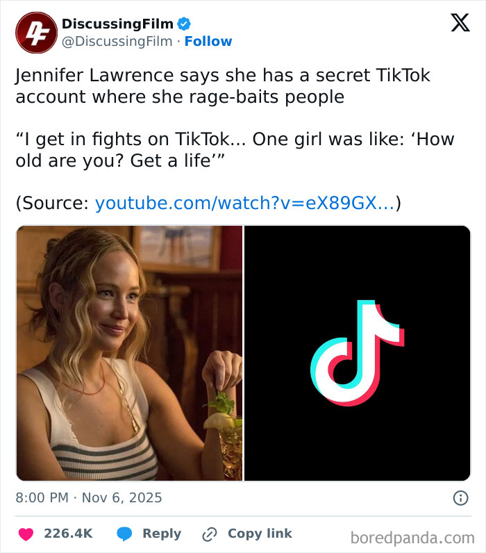 Jennifer Lawrence smiling in a film scene beside a TikTok logo, relating to movie and film industry memes.