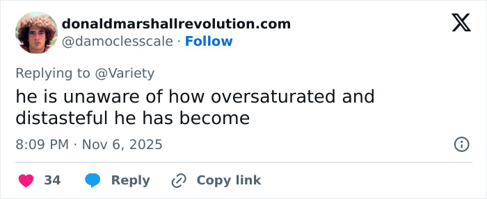 Screenshot of a tweet criticizing Timoth&eacute;e Chalamet&rsquo;s arrogant streak affecting his Oscar chances, posted in 2025.