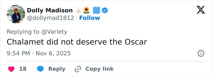 Screenshot of a Twitter post discussing Timoth&eacute;e Chalamet&rsquo;s Oscar chances and alleged arrogant streak.