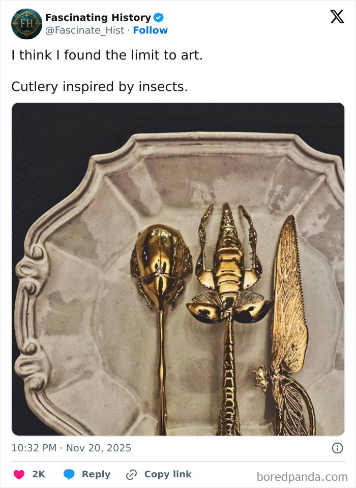 Cutlery inspired by insects displayed on ornate plate showcasing interesting historical treasures of advanced craftsmanship.