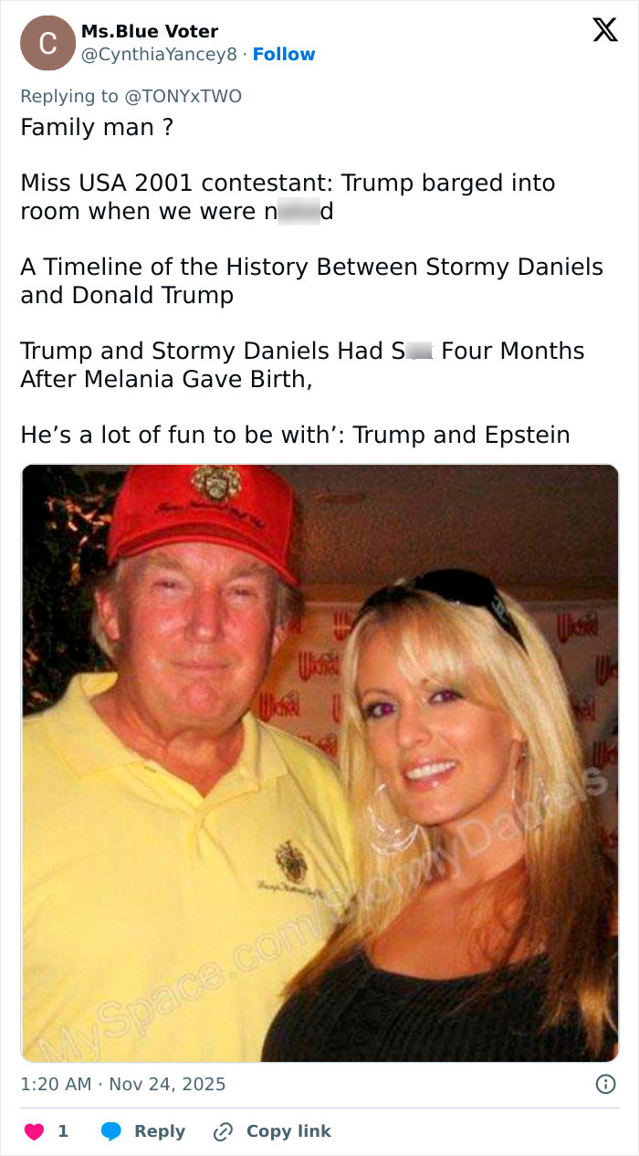 Tweet discussing Donald Trump's controversial history with Stormy Daniels alongside an image of Trump with a woman.